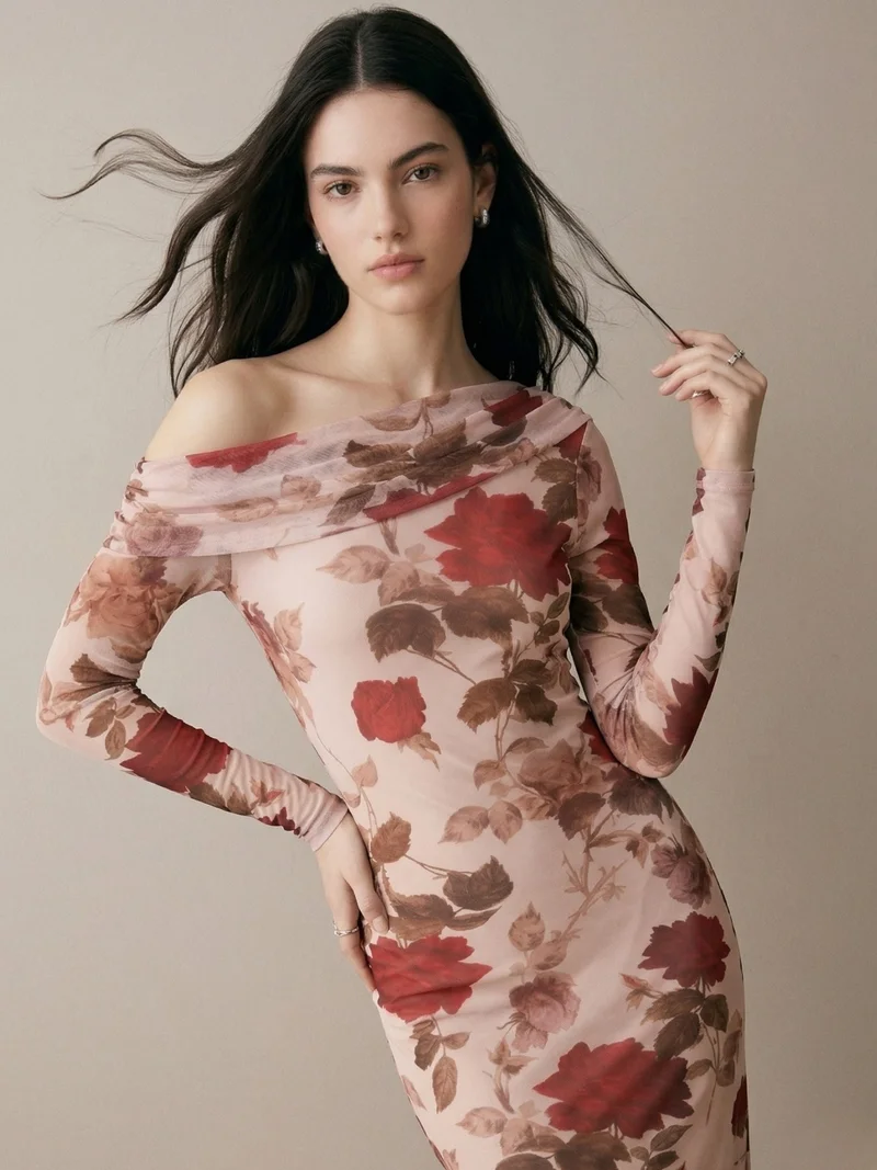 أوجيدر Beige Mesh Printed Off-Shoulder Midi Dress