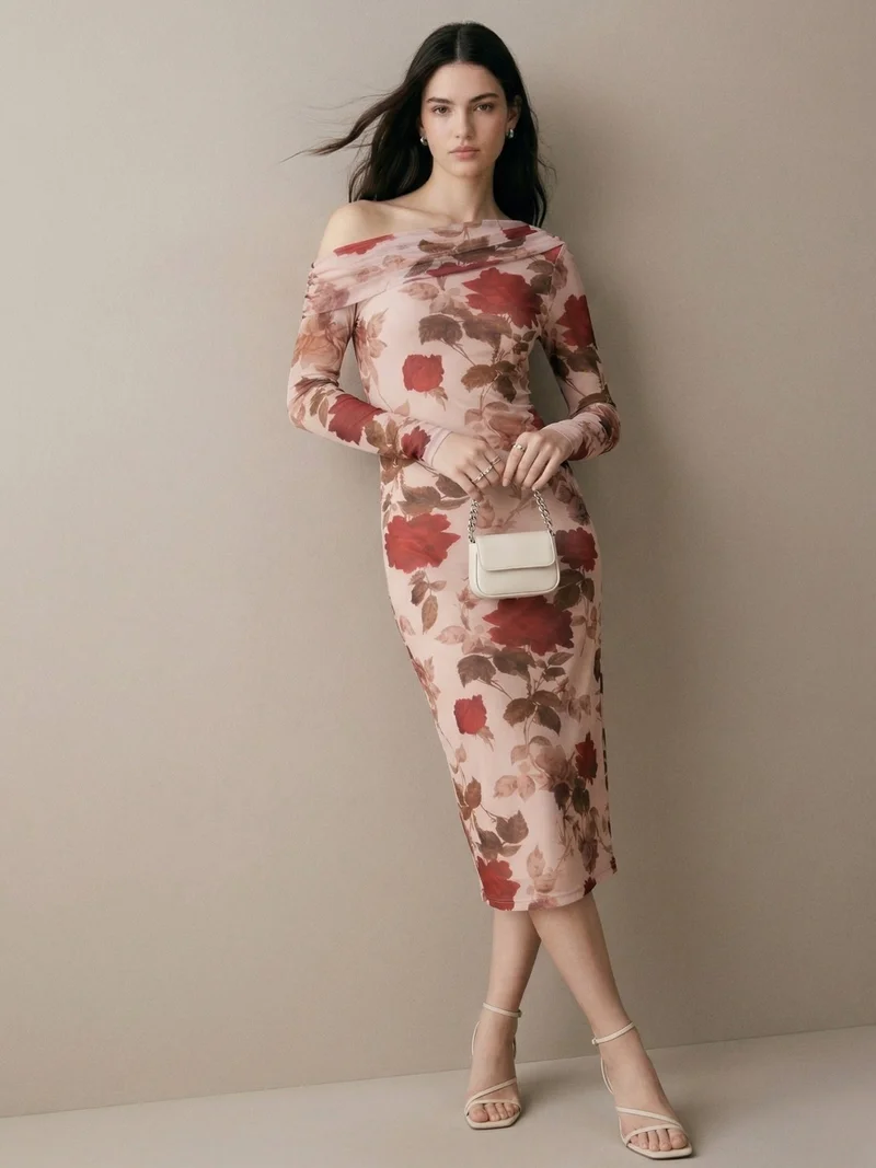 OUTZIDR  Beige Mesh Printed Off-Shoulder Midi Dress for Women | Best Price UAE