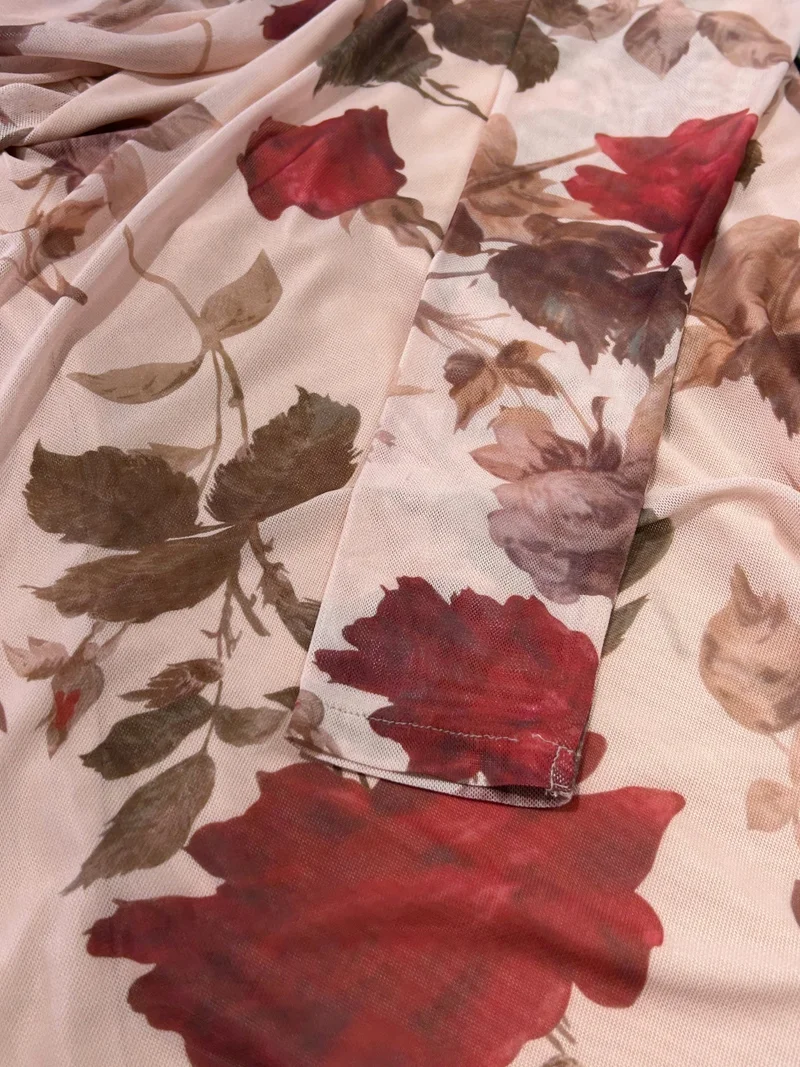 OUTZIDR  Beige Mesh Printed Off-Shoulder Midi Dress for Women | Best Price UAE