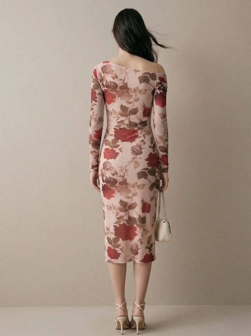 OUTZIDR  Beige Mesh Printed Off-Shoulder Midi Dress for Women | Best Price UAE