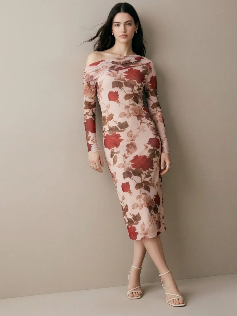 أوجيدر Beige Mesh Printed Off-Shoulder Midi Dress