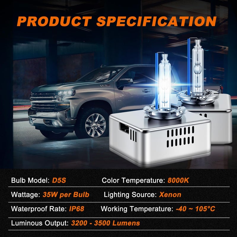 DZG D5S HID Headlight Bulbs for 2016 2017 2018 Chevy Silverado 1500 WT LS LT 2015-2018 GMC Sierra 1500 2500 3500 HD, 8000K Cool White 35W Metal Base Xenon Replacement High Low Beam Bulb, Pack of 2 - Image 3