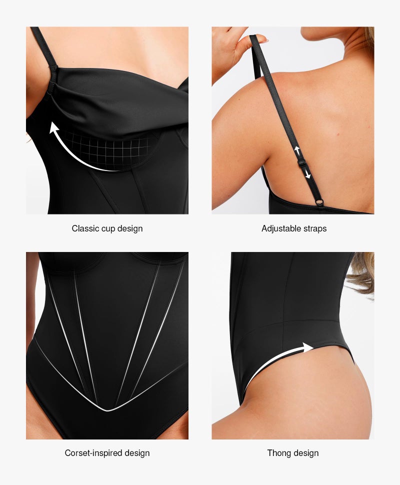 Popilush Corset Tops for Women Tummy Control Cowl Neck Thong Shapewear Bodysuits Concert Outfits Black - Image 4