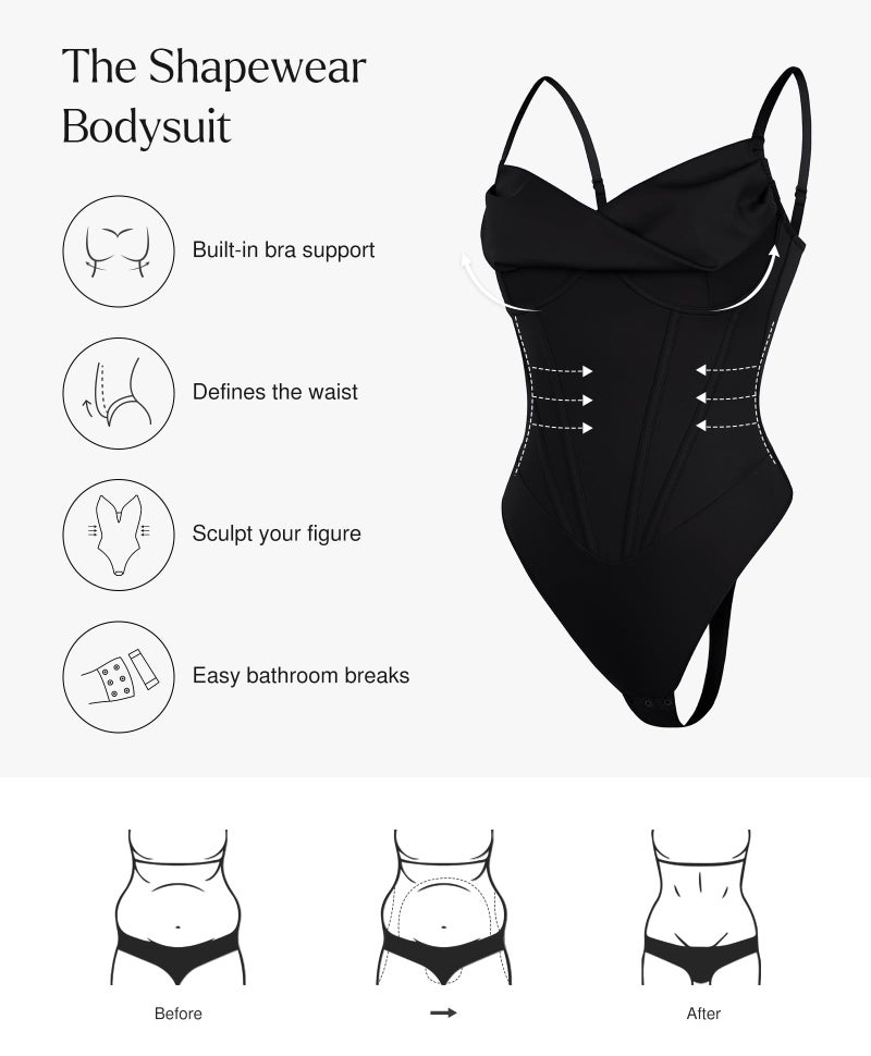 Popilush Corset Tops for Women Tummy Control Cowl Neck Thong Shapewear Bodysuits Concert Outfits Black - Image 3