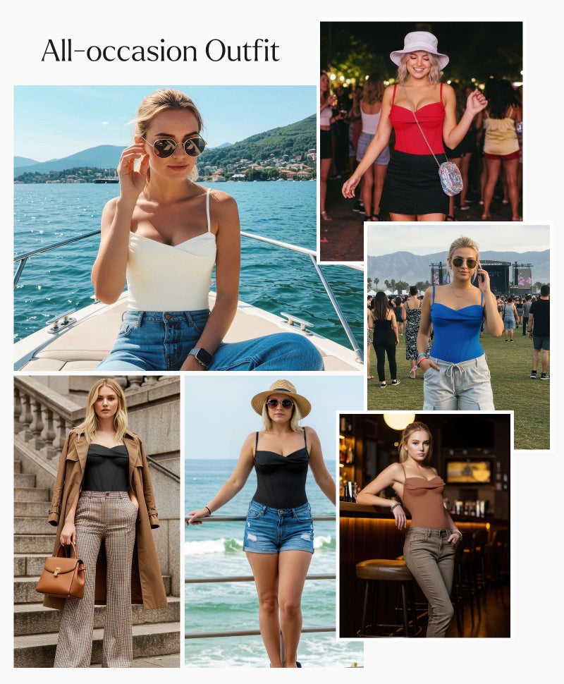 Popilush Corset Tops for Women Tummy Control Cowl Neck Thong Shapewear Bodysuits Concert Outfits Black - Image 2