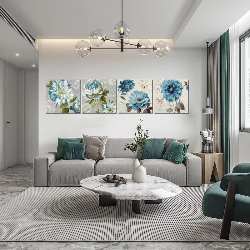Wall HDQ Blue Flower Wall Art Gray Wall Decor Peony Rose Floral Butterfly Painting for Bathroom Living Room Bedroom Home Decor Abstract Canvas Print Picture Ready to Hang (10''x10'' x4Pcs) - Image 2