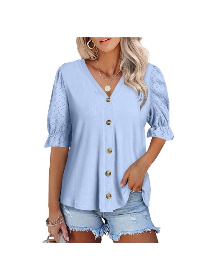 VUELO Summer Europe And The United States New Women's Hollow Sleeve Knitted Cardigan Button V-neck T-shirt Jacket - Image 1