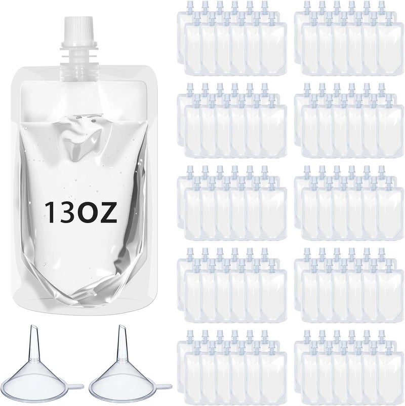 Meanplan 100 Pcs Plastic Pouches Bulk Reusable Squeeze Pouches Clear Plastic Juice Leak Proof Bags with Funnel for Party Favors Supplies(13 oz,Straight Mouth) - Image 1