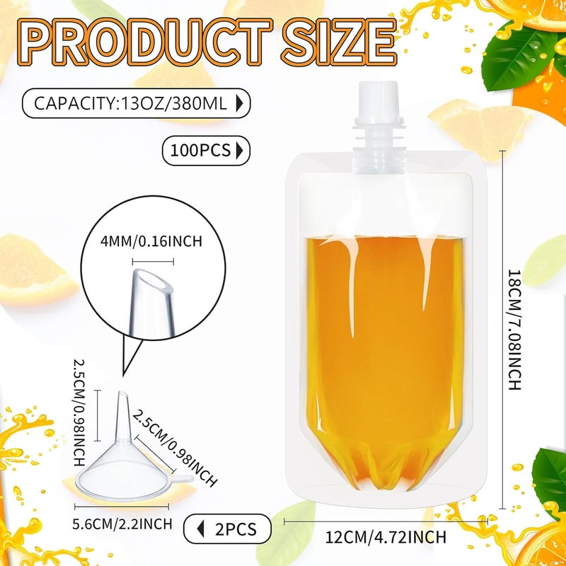 Meanplan 100 Pcs Plastic Pouches Bulk Reusable Squeeze Pouches Clear Plastic Juice Leak Proof Bags with Funnel for Party Favors Supplies(13 oz,Straight Mouth) - Image 2