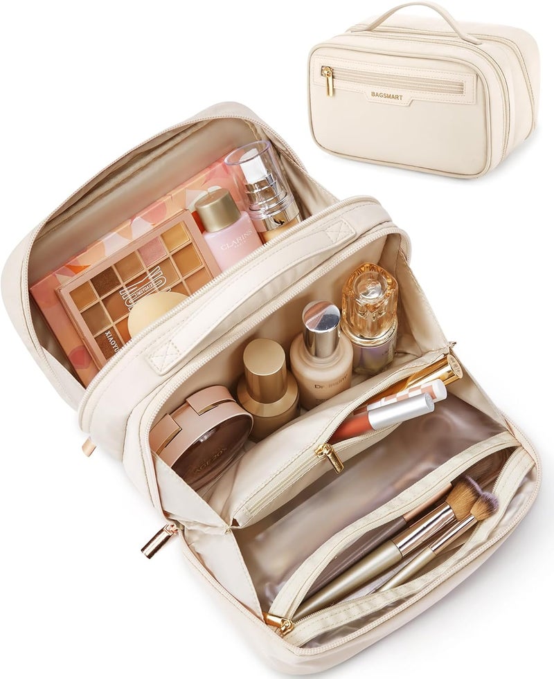 BAGSMART BAGSMART Travel Makeup Bag, Portable Make Up Bag, Wide-open Makeup Organizer Cosmetic Bags for Women for Travel Essentials Travel-Size Toiletries Accessories Bottles, Brushes (Beige)