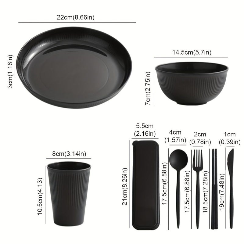 Black 32Pcs Tableware Set Made of Food Grade PP Material for Home Restaurant and Outdoor Use Including Knives Forks Spoons Chopsticks Cups and Bowls - Image 3