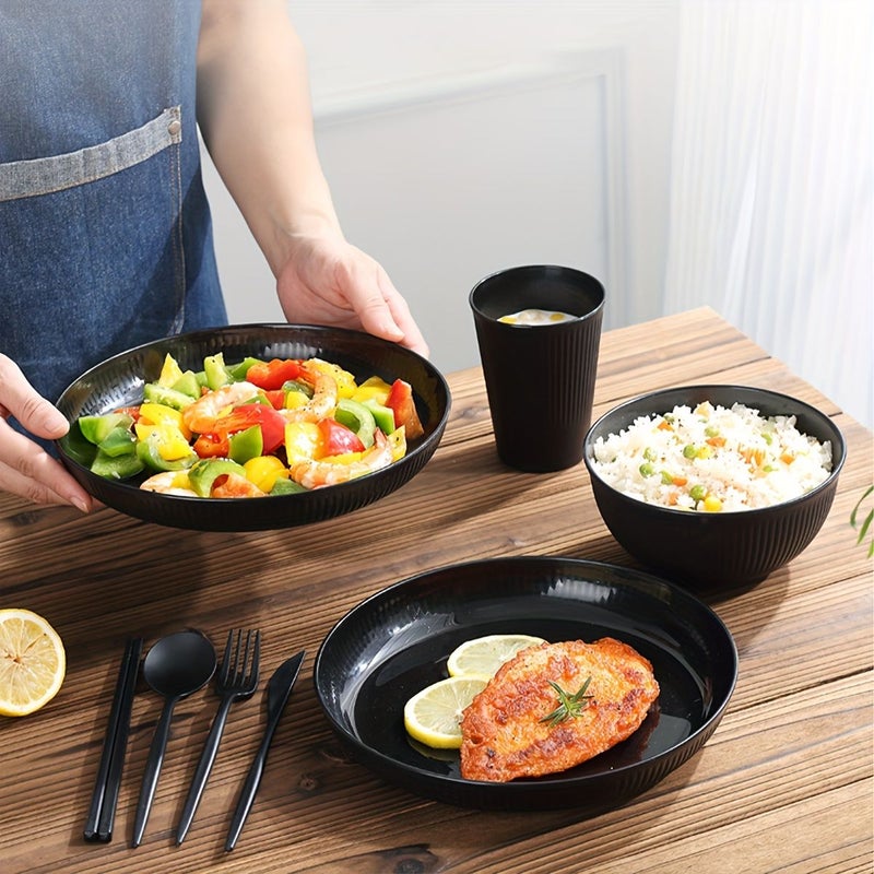 Black 32Pcs Tableware Set Made of Food Grade PP Material for Home Restaurant and Outdoor Use Including Knives Forks Spoons Chopsticks Cups and Bowls - Image 2