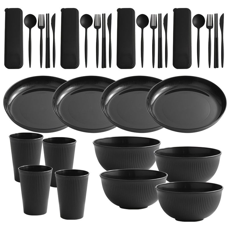 Black 32Pcs Tableware Set Made of Food Grade PP Material for Home Restaurant and Outdoor Use Including Knives Forks Spoons Chopsticks Cups and Bowls - Image 1