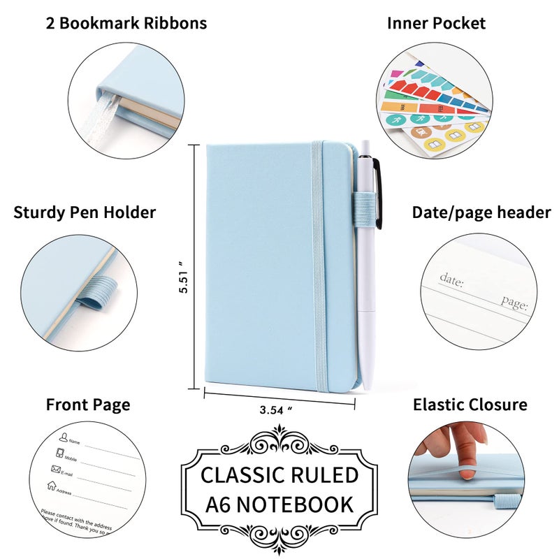 feela 3 Pack Pocket Small Notebook Journals, Mini Cute Memo Notepad Hardcover College Ruled Lined Journals with Pen Holder for Women Girls Office School, with 3 Black Pens, 3.5â€x 5.5â€, A6, Light Blue - Image 2
