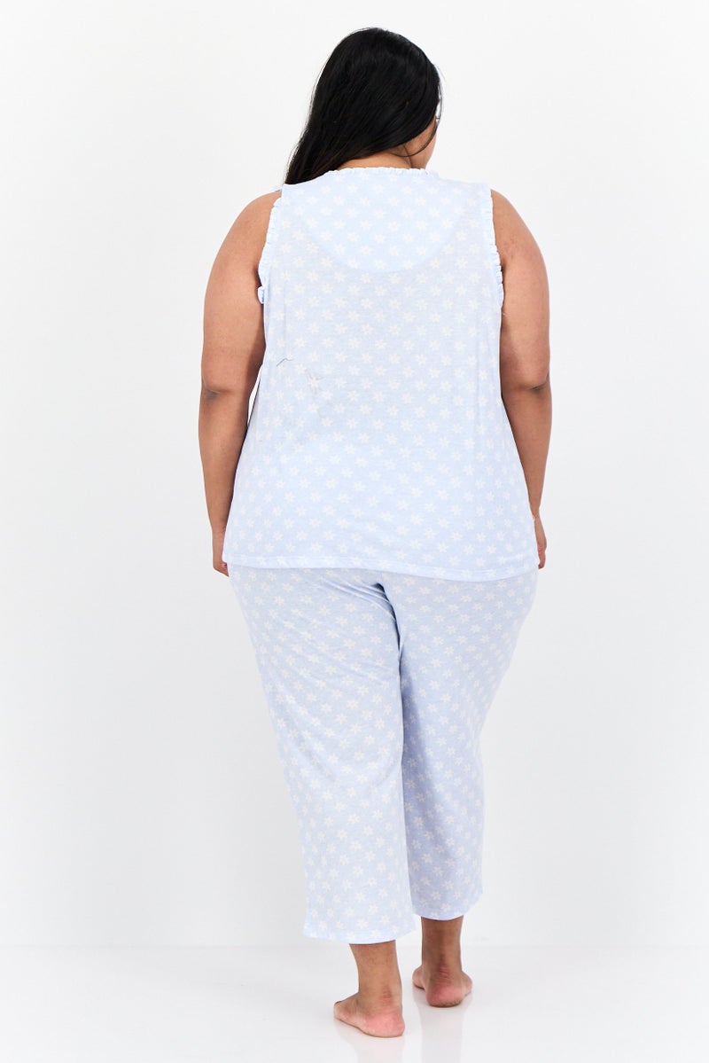 Celestial Dreams Women 2 Piece Floral Print Top And Bottom Pajama Set, Light Blue - Image 4