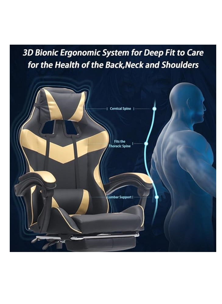 كول بيبي Gaming Chair Ergonomic Leather 145° Reclining System High Back Video Game Chair Adjustable Swivel Computer Chair with Headrest and Footrest Support (Black and Gold)  - Image 2