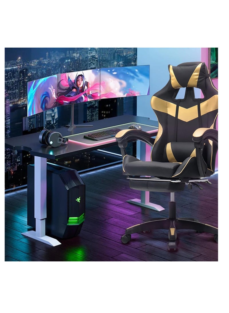 كول بيبي Gaming Chair Ergonomic Leather 145° Reclining System High Back Video Game Chair Adjustable Swivel Computer Chair with Headrest and Footrest Support (Black and Gold)  - Image 5