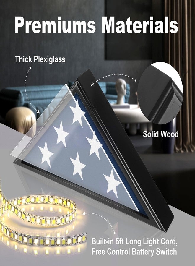 TAEYONK Flag Case with Lights for Burial Flag, 5' x 9.5' Funeral Flag Display Case, Wooden Memorial Flag Shadow Box for Military Veterans, Flag Holder for Wall or Standing Display (Black) - Image 2