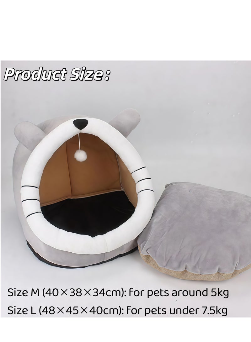 سرير للقطط، بيت للقطط مع وسادة قابلة للإزالة، سرير استراحة للقطط، سرير حيوانات أليفة برسومات كرتونية، سرير قطط شبه مغلق، قابل للغسل والإزالة مع كرة لعبة، بيت دافئ وناعم للقطط أو الكلاب، مستلزمات حيوانات أليفة محمولة ناعمة ومريحة للنوم (رمادي) - Image 2