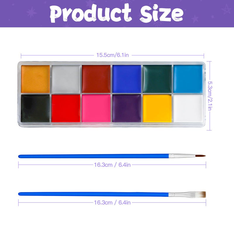 Asddage Face Painting Kit for Kids, 12 Colors Oil-Based Face Paint with 2 Brushes, Non-Toxic Halloween Makeup Kit, Professional Face Body Paint for Halloween, Parties, Carnival, School Events - Image 2