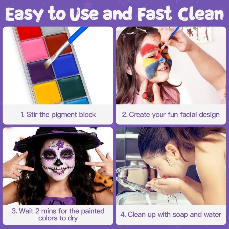 Asddage Face Painting Kit for Kids, 12 Colors Oil-Based Face Paint with 2 Brushes, Non-Toxic Halloween Makeup Kit, Professional Face Body Paint for Halloween, Parties, Carnival, School Events - Image 5