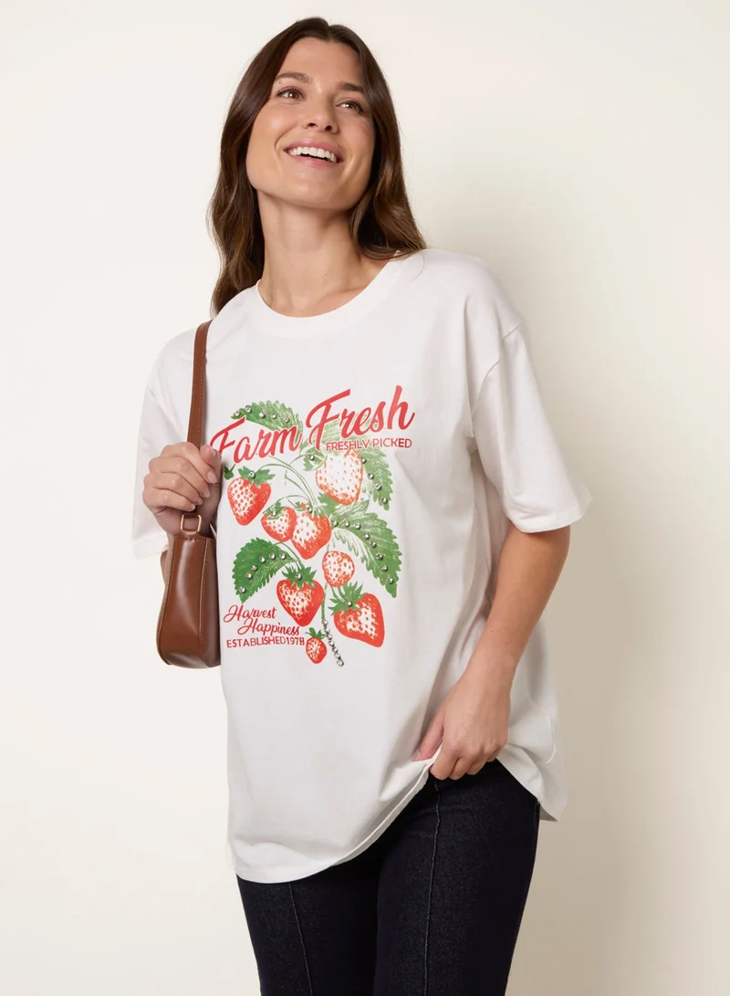Blue Vanilla Strawberry Graphic Print Crew-Neck T-shirt