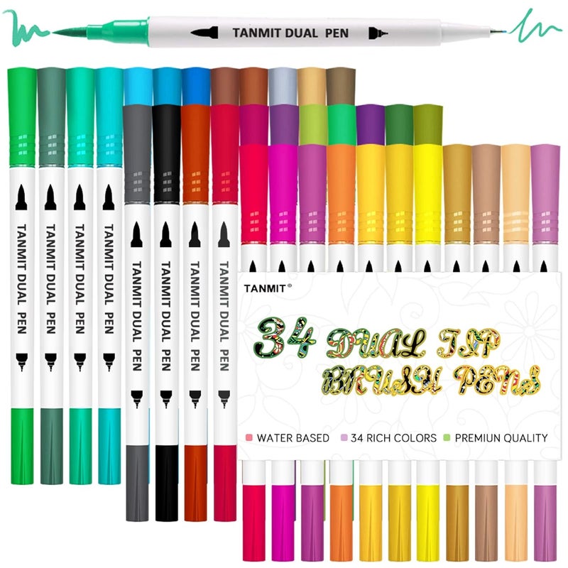 Tanmit Dual Brush Marker Pens for Coloring, Dual Tip Markers Colored Bullet Journal Pen Great for Adult Kids Coloring Books, Drawing, Writing - 34 Colors Art School Supplier - Image 1