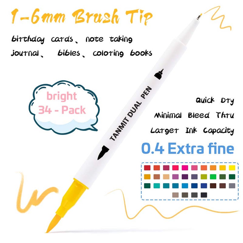 Tanmit Dual Brush Marker Pens for Coloring, Dual Tip Markers Colored Bullet Journal Pen Great for Adult Kids Coloring Books, Drawing, Writing - 34 Colors Art School Supplier - Image 2