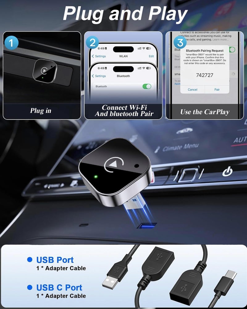 محول CarPlay اللاسلكي المصغر وتحديث أندرويد أوتوماتيك بحلول عام 2025، دونغل CarPlay ثنائي الوظيفة يحول الكابلات إلى لاسلكي، محول CarPlay اللاسلكي لاتقاط واستخدام منفذ USB/USB-C (أسود) - Image 2