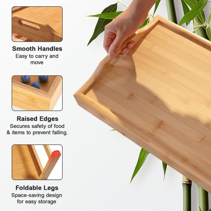 Mantraraj Wooden Bamboo Food Serving TV Tray with Handles Portble and Folding Legs Dinner Breakfast Lap Table Mat for Sofa and Bed - 50x30cm - Image 2