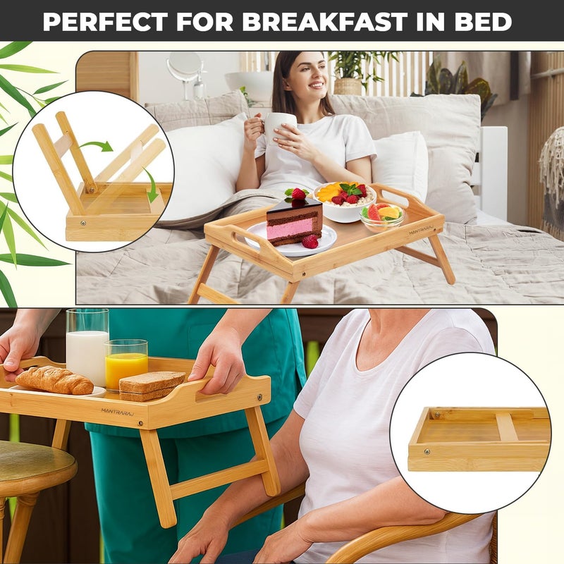 Mantraraj Wooden Bamboo Food Serving TV Tray with Handles Portble and Folding Legs Dinner Breakfast Lap Table Mat for Sofa and Bed - 50x30cm - Image 5