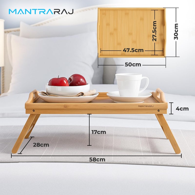 Mantraraj Wooden Bamboo Food Serving TV Tray with Handles Portble and Folding Legs Dinner Breakfast Lap Table Mat for Sofa and Bed - 50x30cm - Image 3