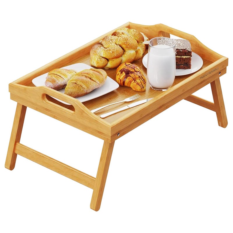 Mantraraj Wooden Bamboo Food Serving TV Tray with Handles Portble and Folding Legs Dinner Breakfast Lap Table Mat for Sofa and Bed - 50x30cm - Image 1