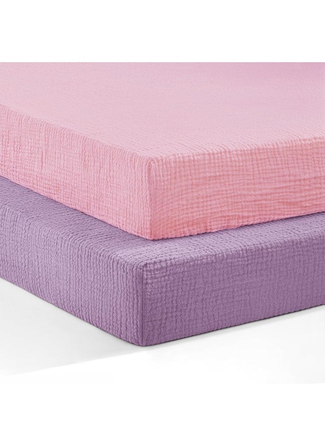 Pro Goleem Pro Goleem Muslin Pack n Play Sheets for Girls, Soft Breathable Cotton Fitted Mini Crib Sheets, Baby Sheets for Playard Mattress, 2 Pack (Pink＆Purple)  - Image 1