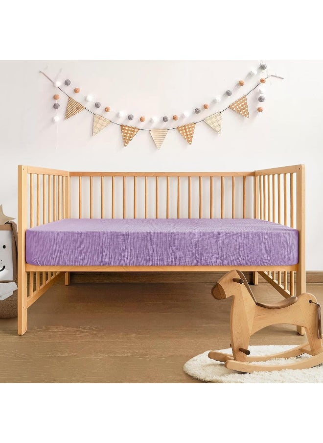 Pro Goleem Pro Goleem Muslin Pack n Play Sheets for Girls, Soft Breathable Cotton Fitted Mini Crib Sheets, Baby Sheets for Playard Mattress, 2 Pack (Pink＆Purple)  - Image 4