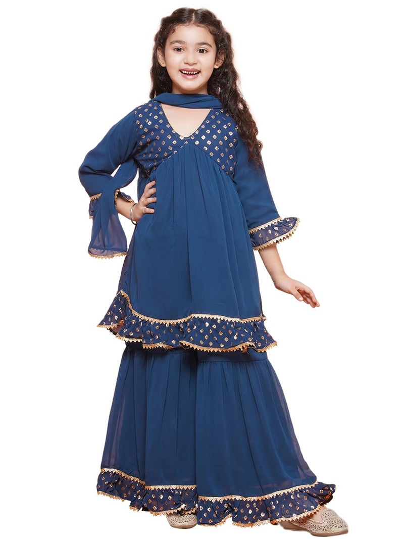 AJ DEZINES Kids Teal Blue Georgette Printed Anarkali Kurta Sharara Set for Girls (Teal Blue, 6-7 Years) - Image 1