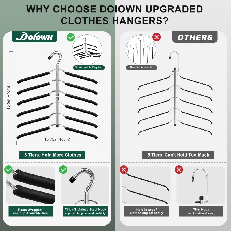 DOIOWN Space Saving 6 Tier Coat Hangers - Non Slip Foam Padded, Black Metal Sweater & T Shirt Hangers for Men & Women, 2 Pack Closet Organizers - Image 3