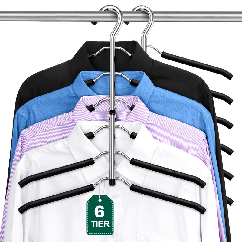 DOIOWN Space Saving 6 Tier Coat Hangers - Non Slip Foam Padded, Black Metal Sweater & T Shirt Hangers for Men & Women, 2 Pack Closet Organizers - Image 1