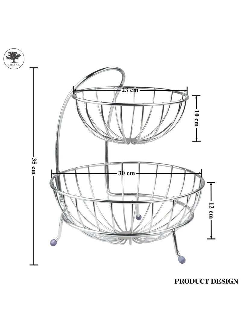 sulfar Heavy Stainless Steel 2 Tier Fruit & Vegetable Basket For Dining Table & Kitchen (Silver)  - Image 2