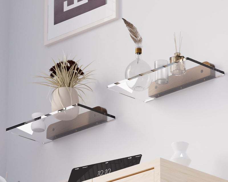 QsQueen Small Acrylic Floating Shelf for Wall, Clear Acrylic Wall Shelf with Solid Wood Base, Thick Minimalist Display Shelf for Bathroom, Bedroom,Plants, Perfume, Nail Polish,Living Room & Decor - Image 4