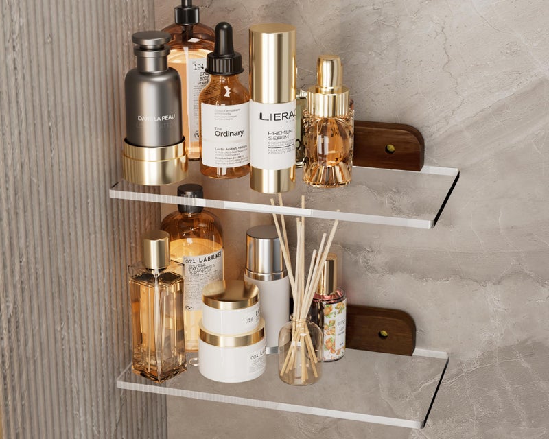 QsQueen Small Acrylic Floating Shelf for Wall, Clear Acrylic Wall Shelf with Solid Wood Base, Thick Minimalist Display Shelf for Bathroom, Bedroom,Plants, Perfume, Nail Polish,Living Room & Decor - Image 1