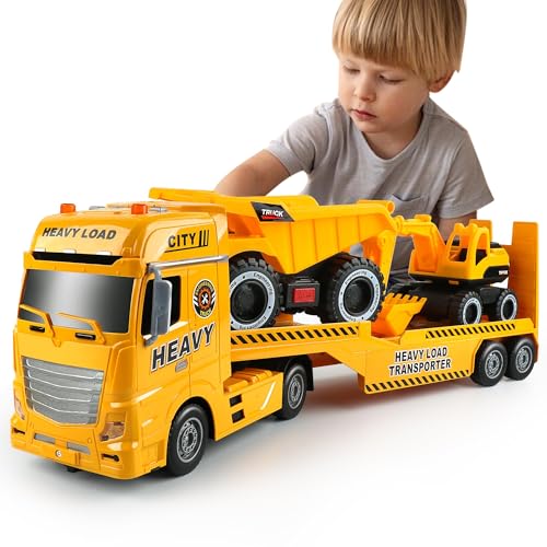 Dwi Dowellin Construction Carrier Truck Kids Toys256 SemiTrailer Toy with Excavator and Dump TruckGifts for Age 3 4 5 6 Years Old Boys Girls - Image 1