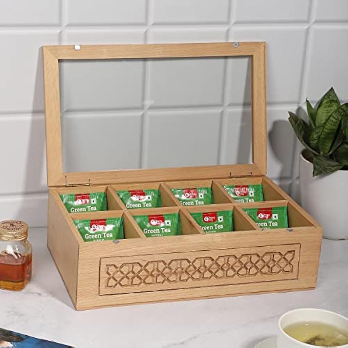 Hashcart Tea Box  Tea Organizer For Tea Bags  Tea Box For Tea Bags Organizer With 8 Compartment For Kitchen Cabinet Hand Carved Made Up Of Natural Wood Teabags Not Included - Image 3
