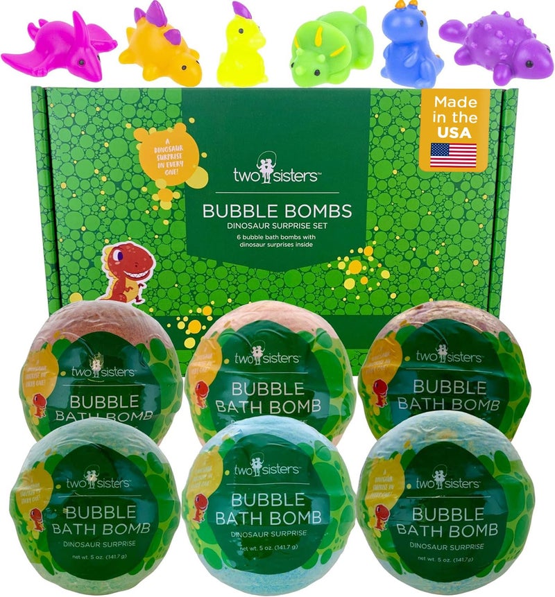 Dinosaur Bath Bombs for Kids with Surprise Dino Toys Inside 6 Pack Large Bubble Bath Bombs Gentle and Safe Made in USA Gift Ideas for Boys Girls and Teens by Two Sisters