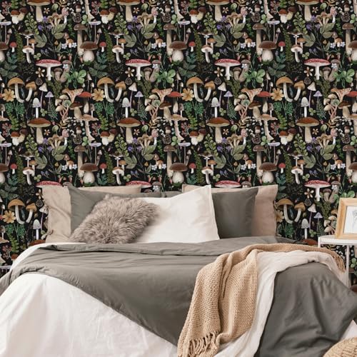 Simon&Siff Mushroom Peel and Stick Wallpaper Black Boho Contact Paper Removable Self Adhesive Wall Paper for Bedroom Bathroom Cabinet Countertop 17.3" x 80" - Image 3
