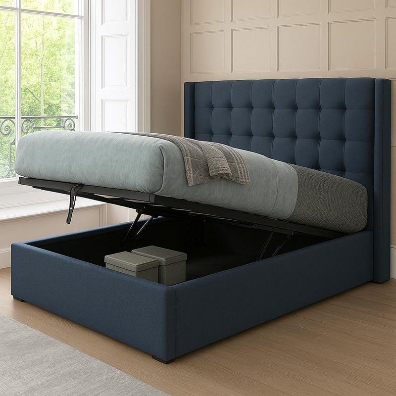 R2R FURNITURE Eliza King Size Ottoman Storage Bed Frame with Tufted Headboard, 180 x 200 cm, Navy Blue - Image 1