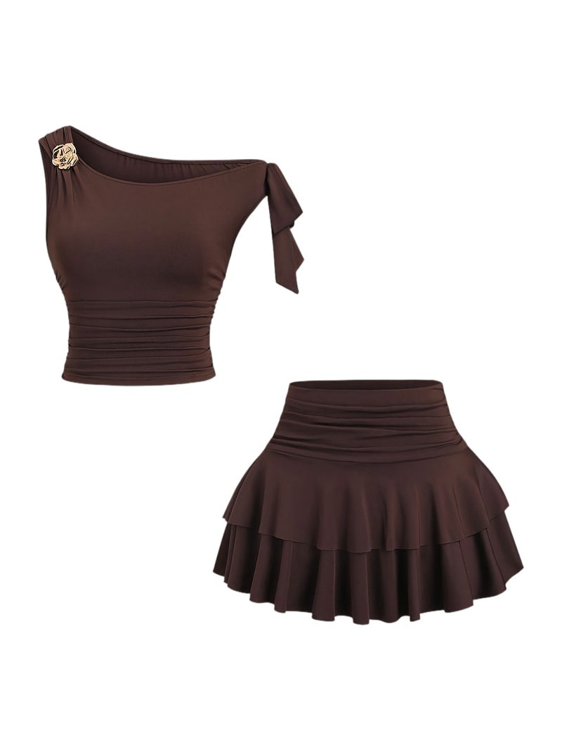 Women's Summer Bronze Metal Floral Strappy Tank Top and Pleated Layered Mini Skirt Set - Image 1