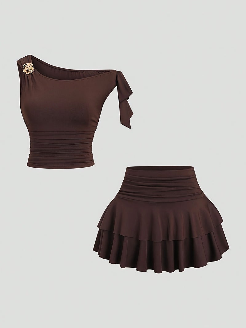Women's Summer Bronze Metal Floral Strappy Tank Top and Pleated Layered Mini Skirt Set - Image 2