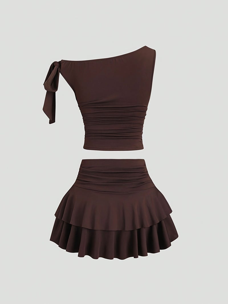Women's Summer Bronze Metal Floral Strappy Tank Top and Pleated Layered Mini Skirt Set - Image 4