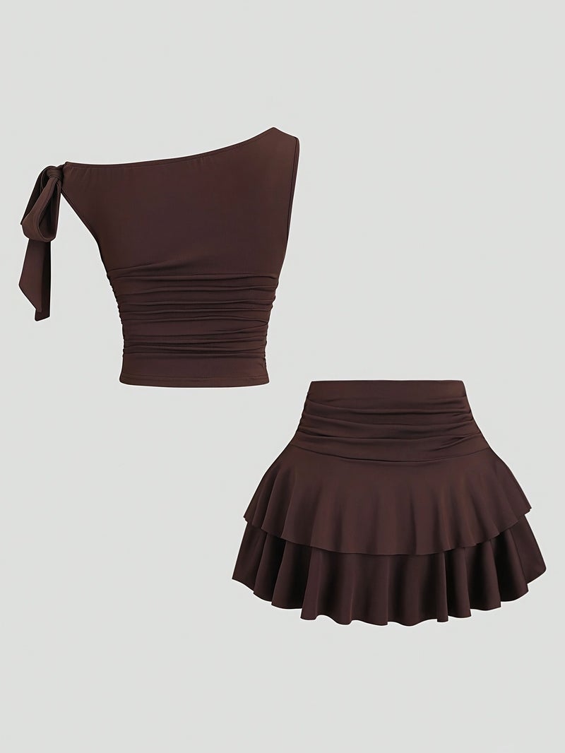 Women's Summer Bronze Metal Floral Strappy Tank Top and Pleated Layered Mini Skirt Set - Image 3
